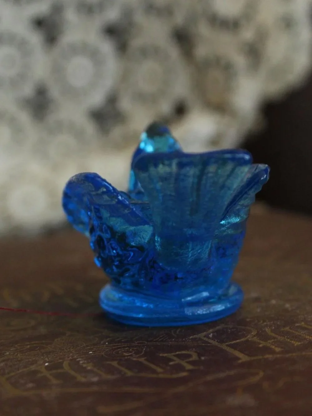 Vintage 1960s Salt Cellar, Kanawha Bermuda Blue Glass Bird with Berry